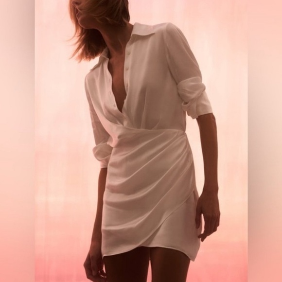 NWT Zara Satin Effect Mini Dress Long Sleeve White Sexy V Neck Collared Button S - Picture 10 of 12